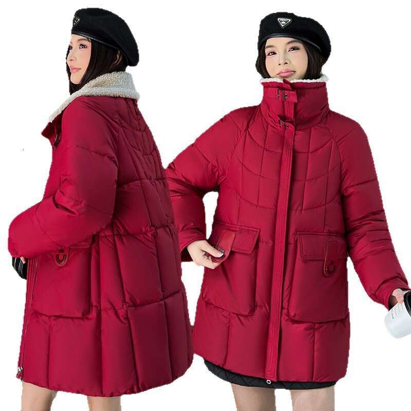 Winter Korean Style Loose Slimming Thickened Down Jacket for Women, Mid-Length Lamb Wool Spliced High Collar Cotton Coat