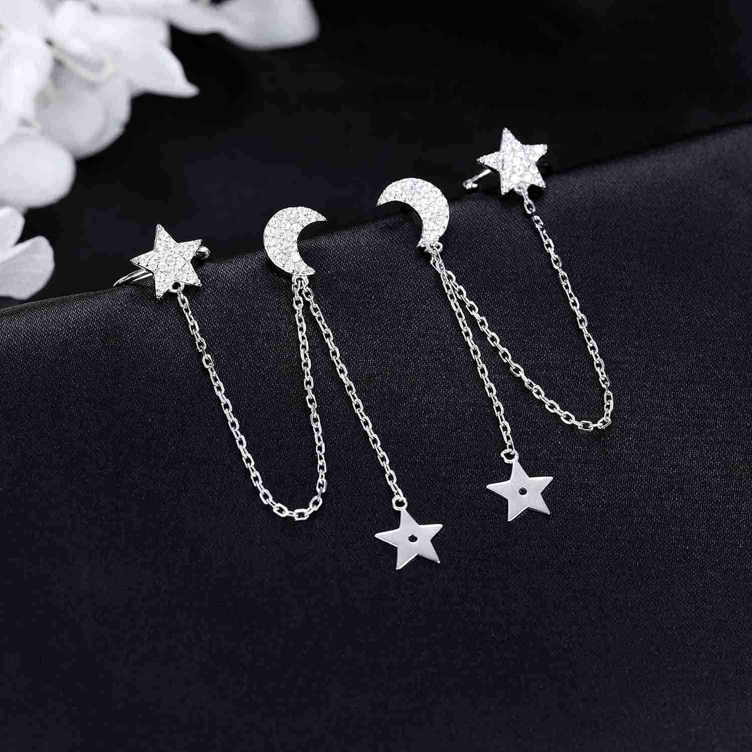 925 Sterling Silver Cuff Earrings Chain for Women Asymmetric Star Moon Earrings Crawler Dangling ChainW250911