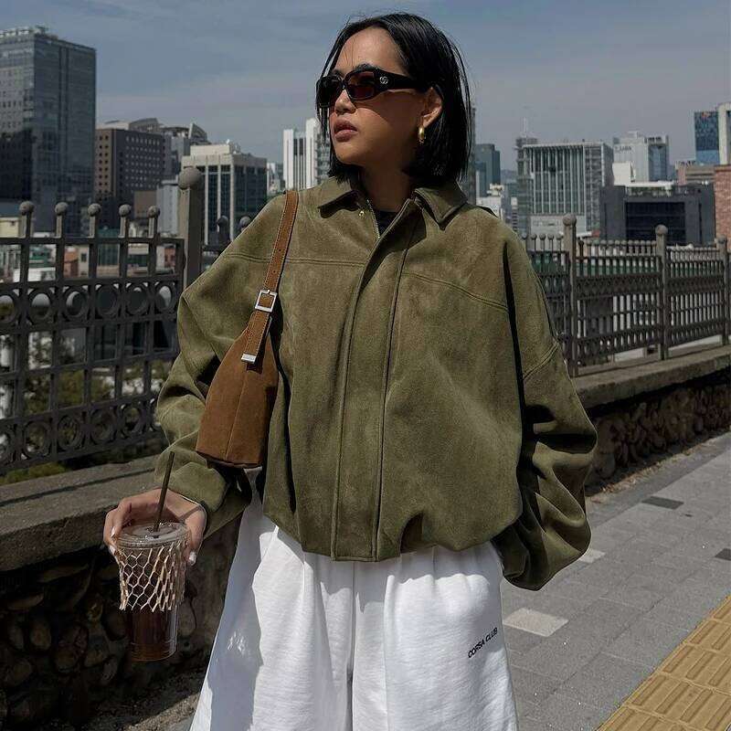 HXAO Women's Bomber Lapel Long Sleeve Zipper Suede Jacket Women 2025 High Street Cropped Racing Jackets Coats Outerwears