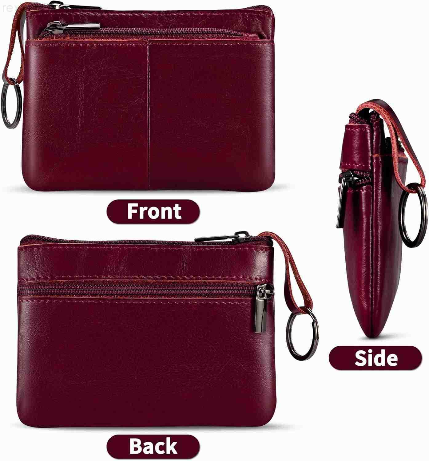 Red Genuine Leather MultiFunctional Wallet Compact Card Holder Coin Purse Key Organizer with 3 Zippers Builtin Key Ring Perfect for Travel Work Daily 