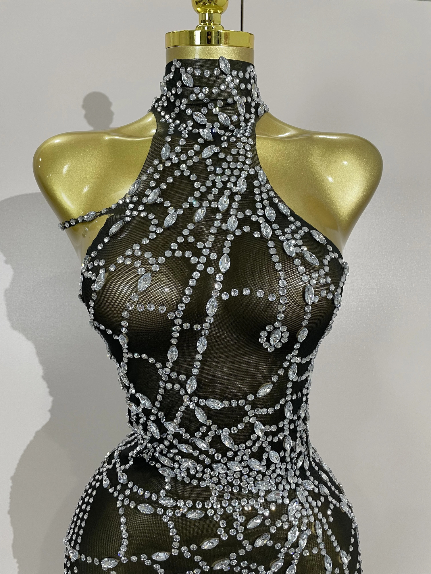 STOCK Sparkly Diamond Sexy Mesh Asymmetric Bodycon Mini Dress Women Nightclub Bar Party Show Gogo Dancer Clothing Stage Costume250906