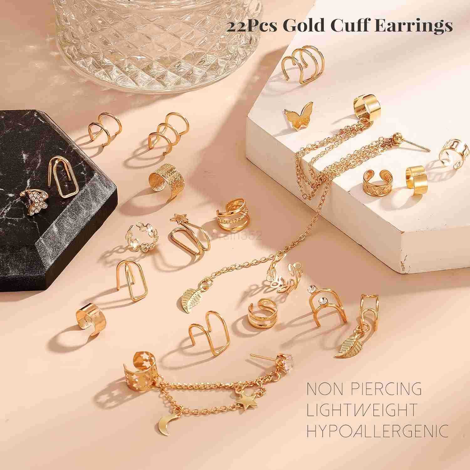 22Pcs Gold Ear Cuffs Earrings for Women Non Piercing Lightweight Adjustable Hypoallergenic Fake Clip On Cartilage Butterfly Chain Twist Helix Leaf Wra