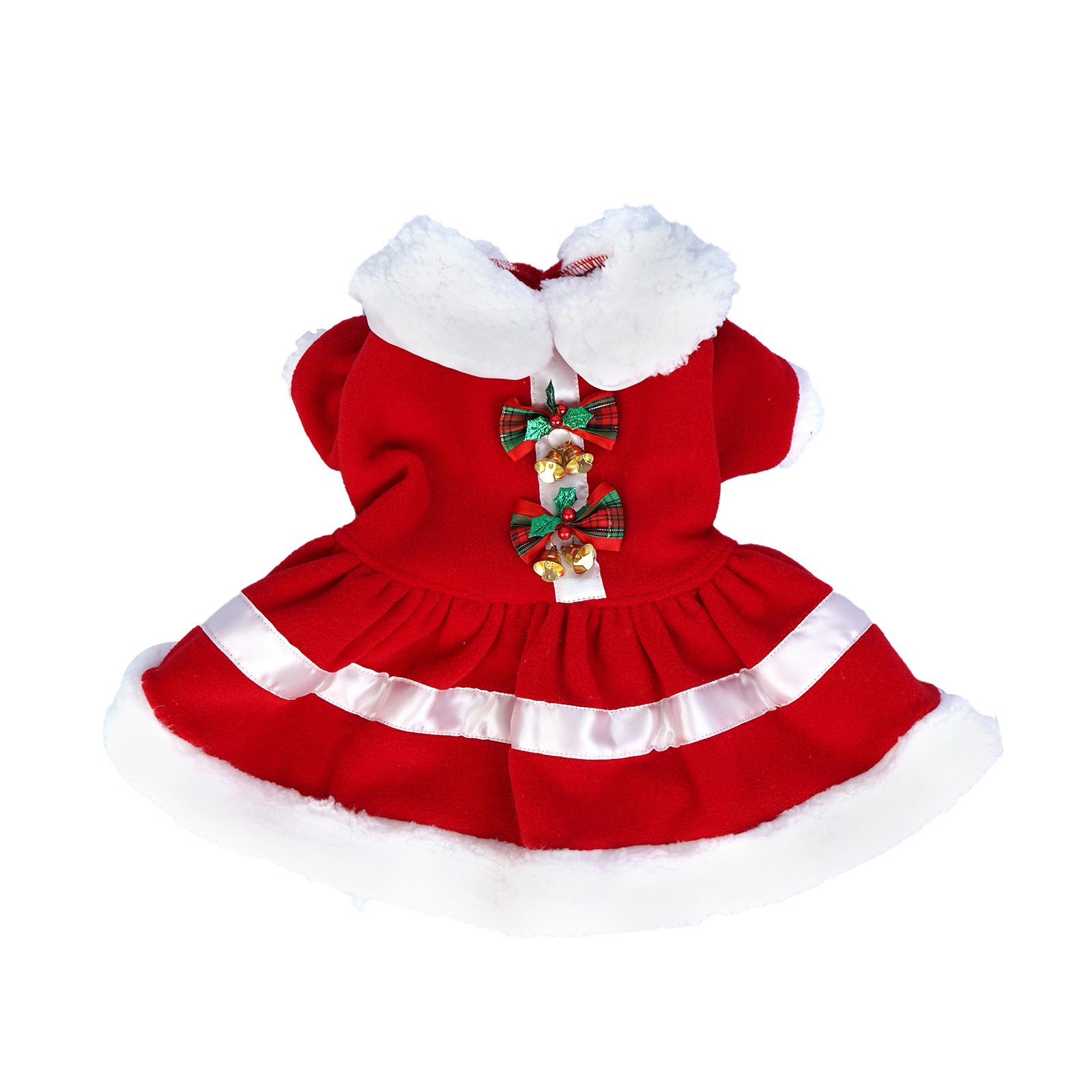 Christmas Dog Dress with Velvet Fabric, Lamb Wool Collar, Bowknot & Bells on Back, 4 Sizes (S-XL) for Dogs 1.5-8kg, Ideal for Christmas Parties & Fest