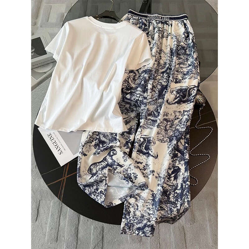 New Trendy Brand Street Style Casual Sports For Women Summer Short Sleeve Round Neck T-Shirt High Waist Wide Leg Pants Two-Piece Set