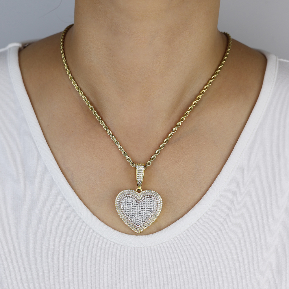 Hip Hop Lover Heart Pendant Necklace Bling 5A Zircons Gold Plated Couple Wedding Jewelry