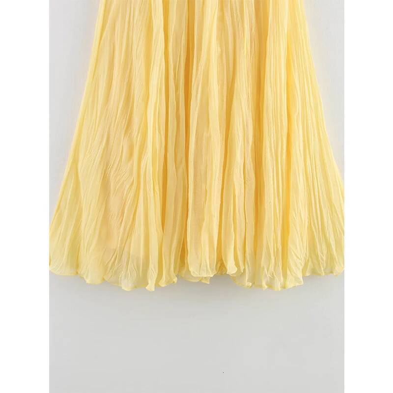 YENKYE Women Crinkle A-line Midi Butter Yellow Skirt Elastic Waist Spring Summer Holiday Elegant Skirts New 2025 faldas mujer dongdumaoyi