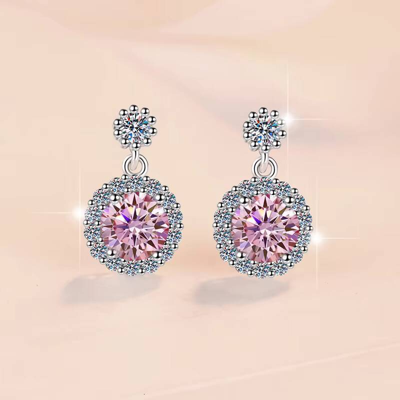 Fine Jewel Fashion S925 Silver New Design GRA Test Drill Pen 105Ct Pink Color Moissanite Round Pendant Earrings of Ladies