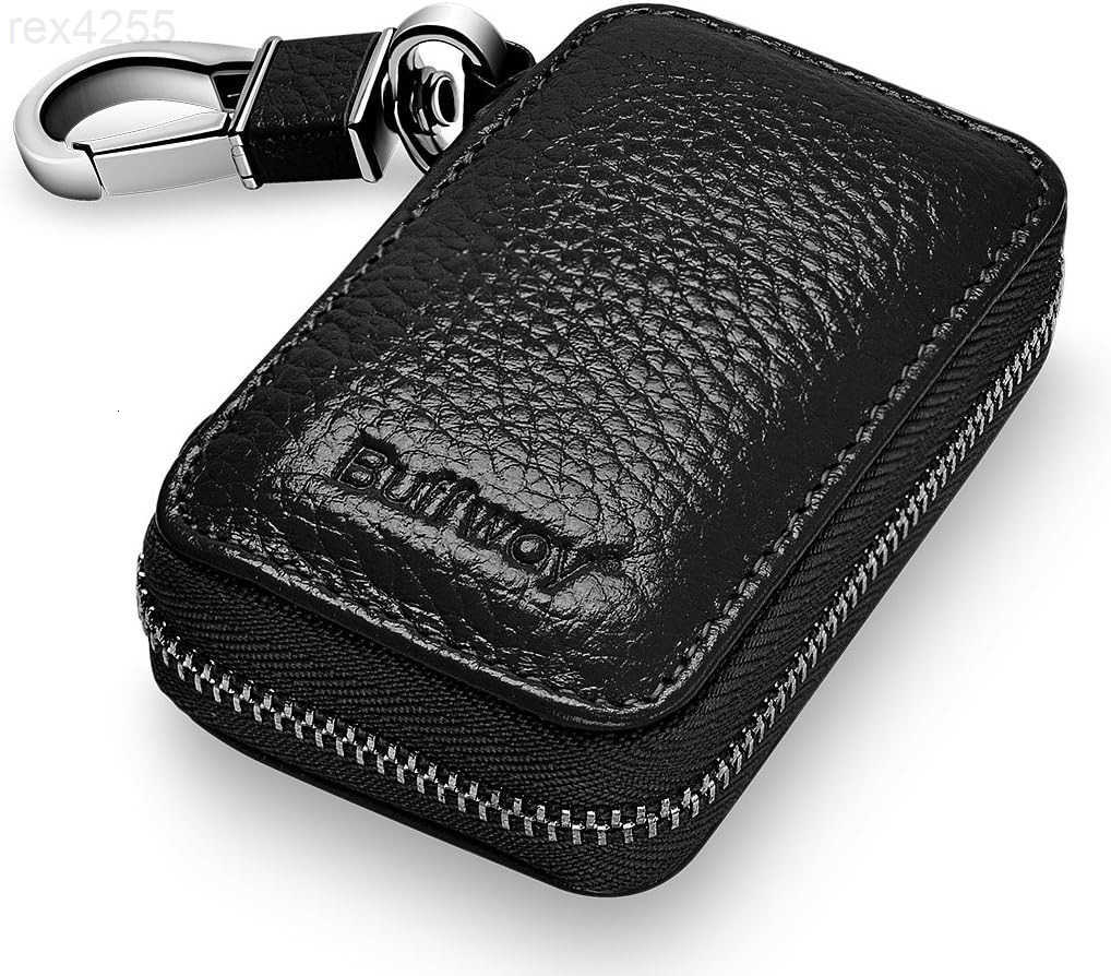 Car Key caseGenuine Leather Car Key Chain Keychain Holder Metal Hook and Keyring Zipper Bag for Remote Key Fob BlackW250911