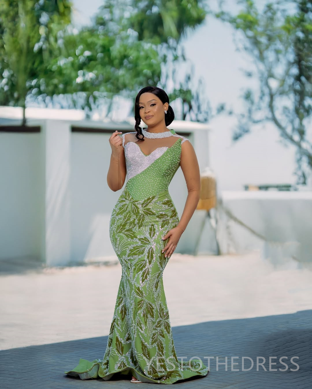 2025 Mermaid Mint Prom Dresses For Black Women Evening Dresses Formal Gowns High Neck Beaded 3D Lace Illusion Crystals Birthday Dress Second Reception