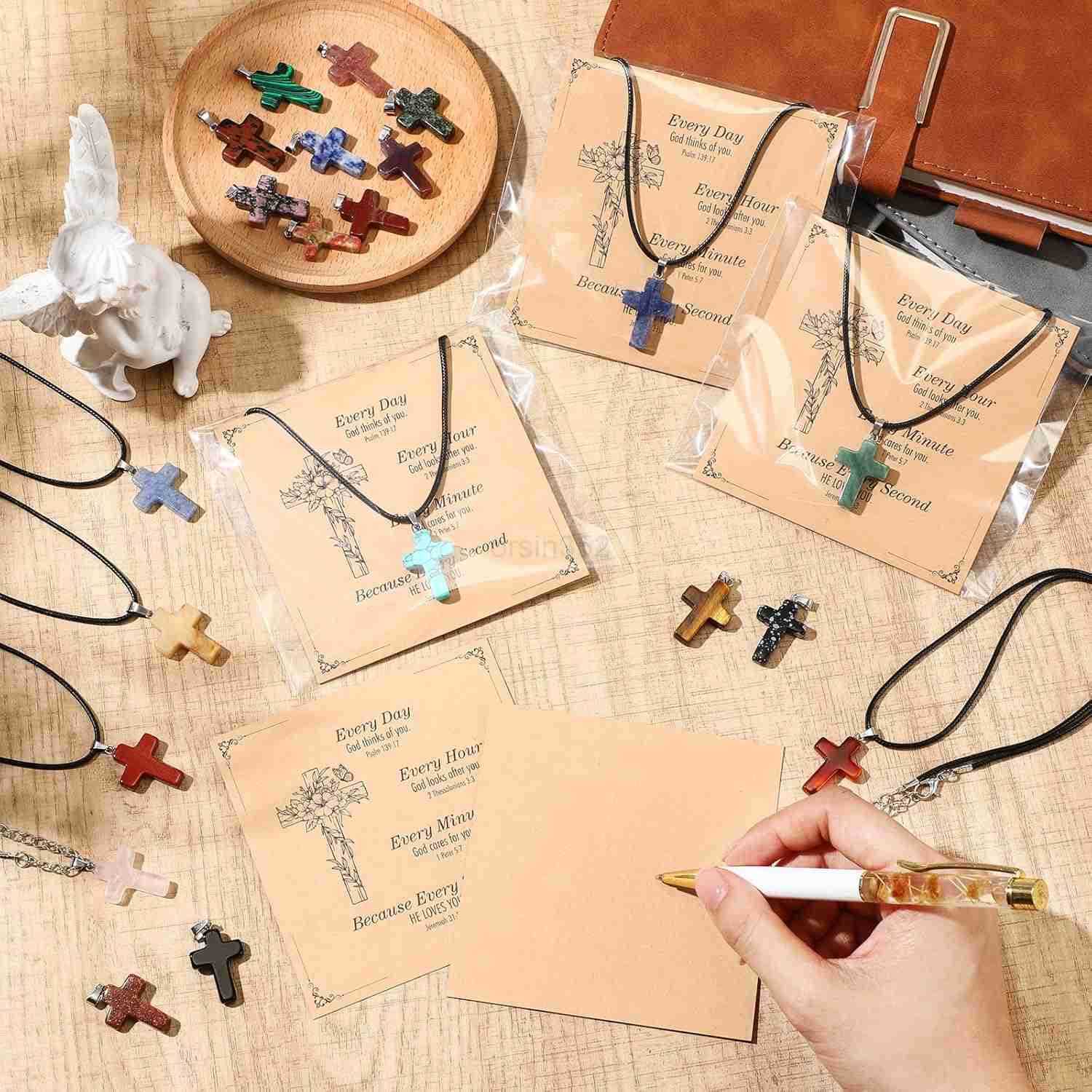 Cross Charms for Jewelry Making Natural Stone Cross Gemstone Pendant Quartz Crystal Charm with Leather Chain and Christian Card for DIY Necklace Earri