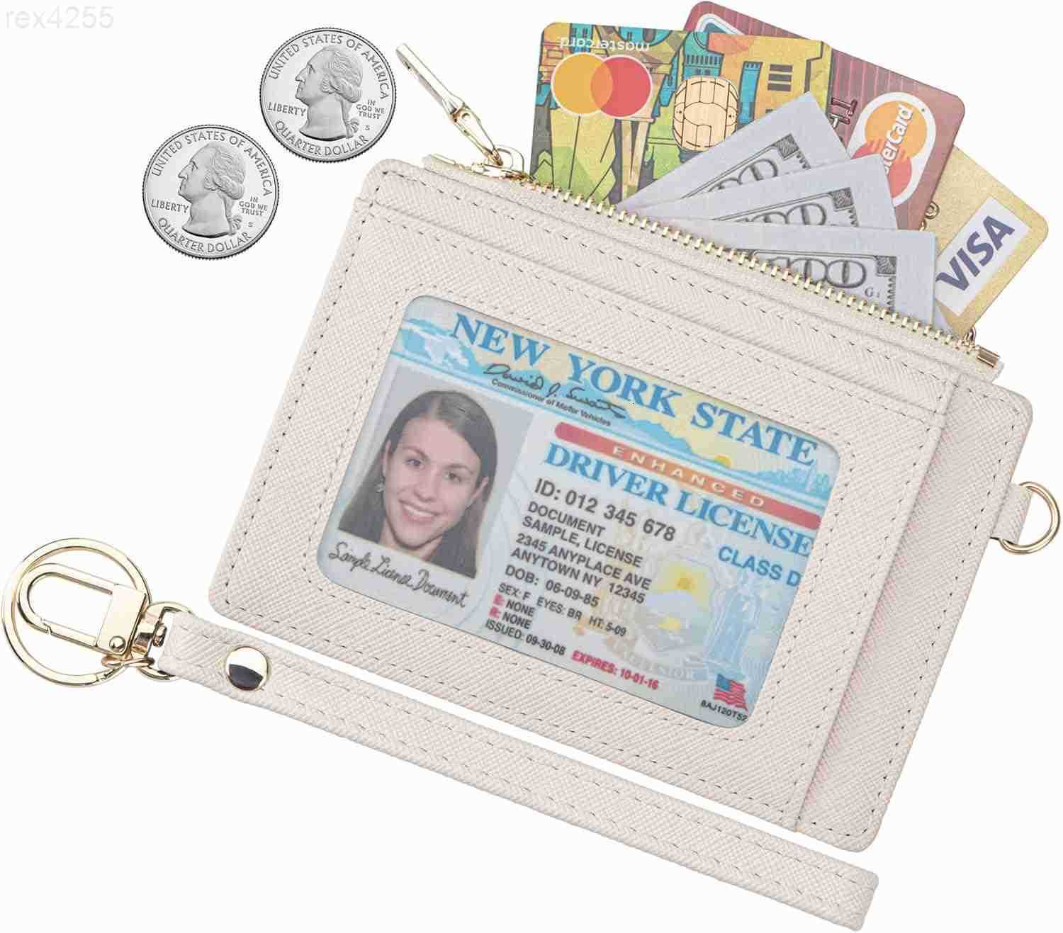 Women Slim Rfid Blocking Credit Card Case Holder Wristlet Zip ID Case Wallet Small Compact Leather Wallet Coin Purse with Keychain BeigeW250911