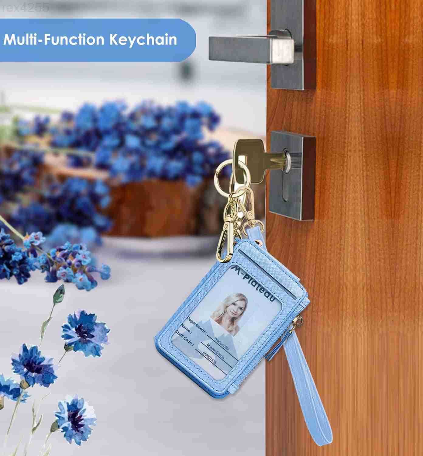 Wallet Womens Wallet Leather Keychain Wallet With Zipper Coin Pocket ID Window Wrist Strap Gift Box Sky BlueW250911