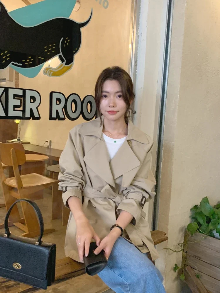 SpringAutumn Korean Fashion Waist Slimming Lace Up Jacket for Women Double Breasted Mid Length Trench Coat Clothing 250911