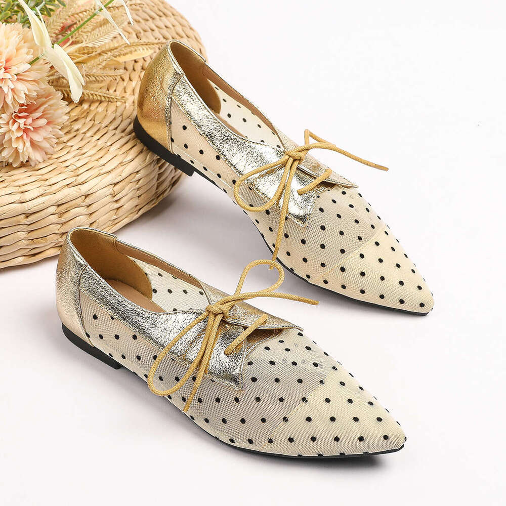 Large Size Designer Shoe 35-45 Pointed Toe Mesh Lace-up Flats Spring Summer Women's Shoes Polka Dot Breathable Sandals