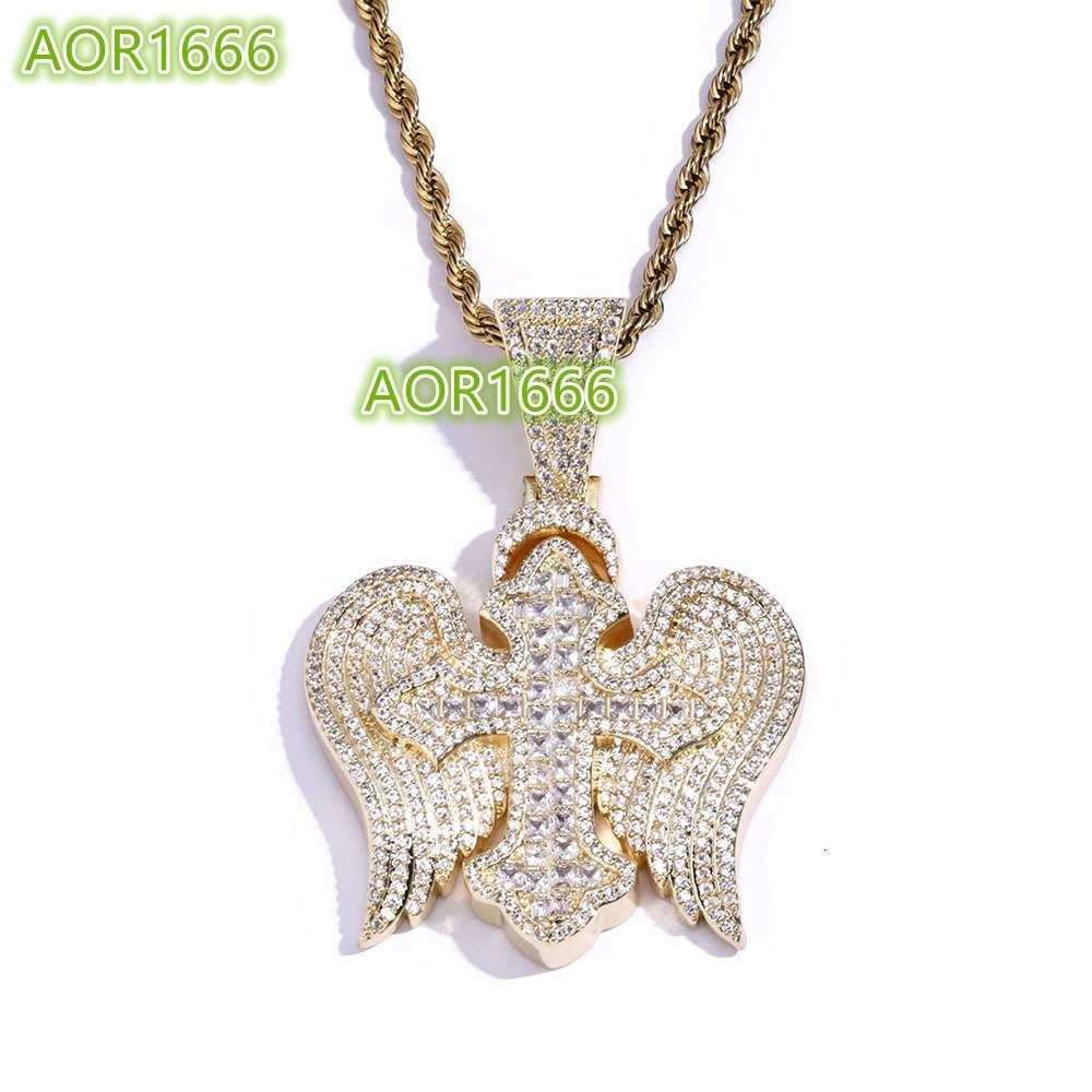 Popular Retro Cross Wings Zircon Pendant Personalized Hip Hop Necklace for Men Brass Jewelry with Rope Chain for Anniversaries