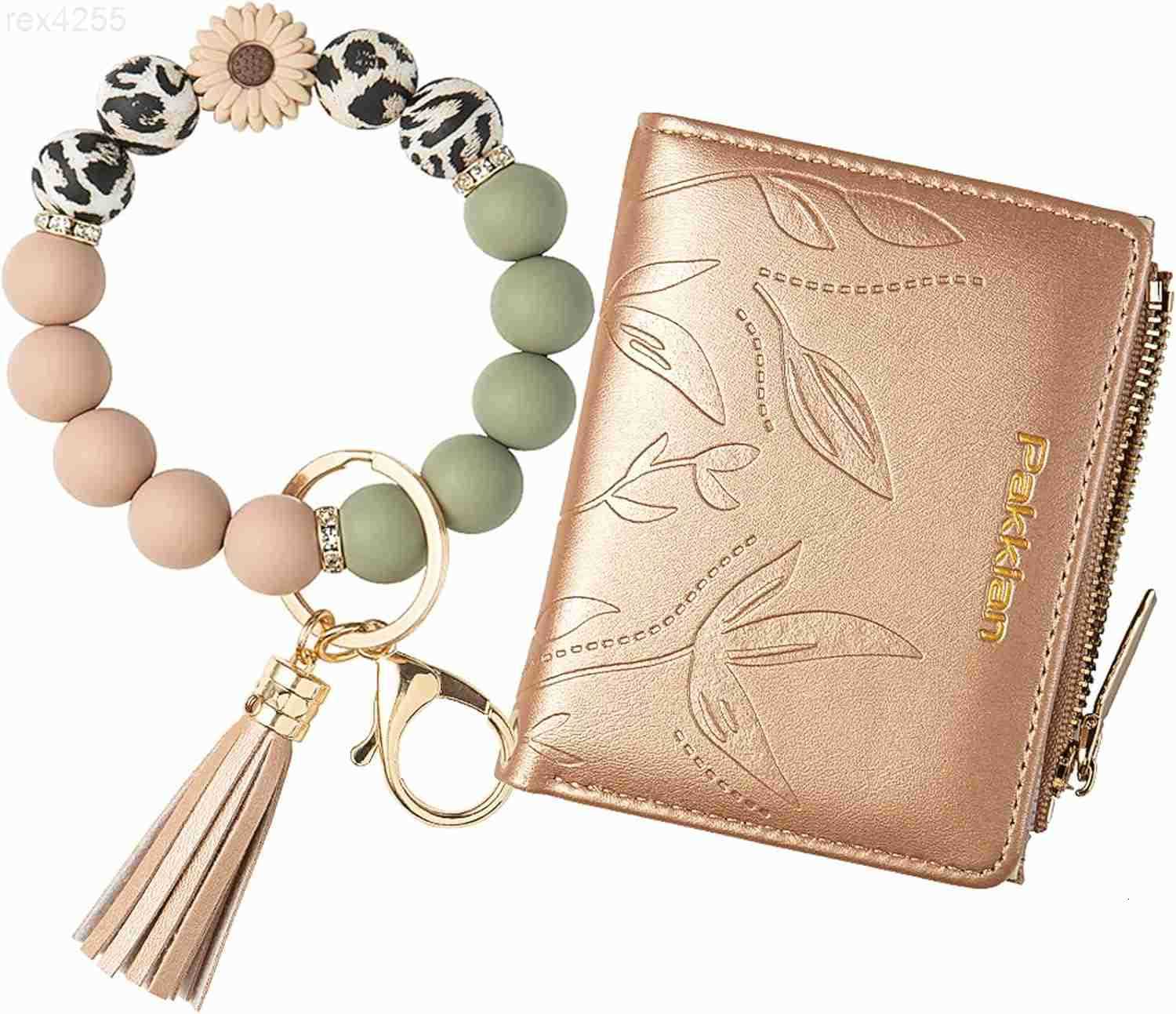 Keychain Bracelet Wristlet with Wallet Card Holder Pocket Flower Tassel Purse Silicone Key Ring for WomenW250911