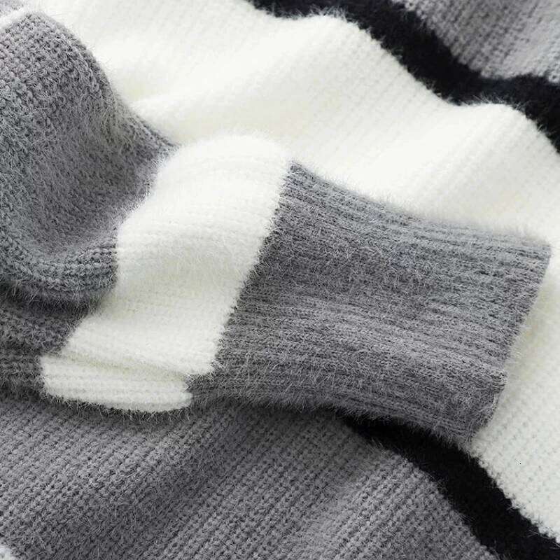 Fashion Casual O-Neck Long Sleeve Knitted Pullovers Hit Color Striped Patchwork Short Slim Sweaters Tops Women's Clothing