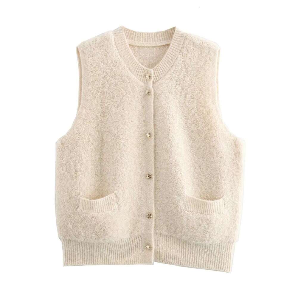 DHEssentials 2025 Autumn New French Simple Towel Chanel Style Round Neck Sleeveless Knitted Vest