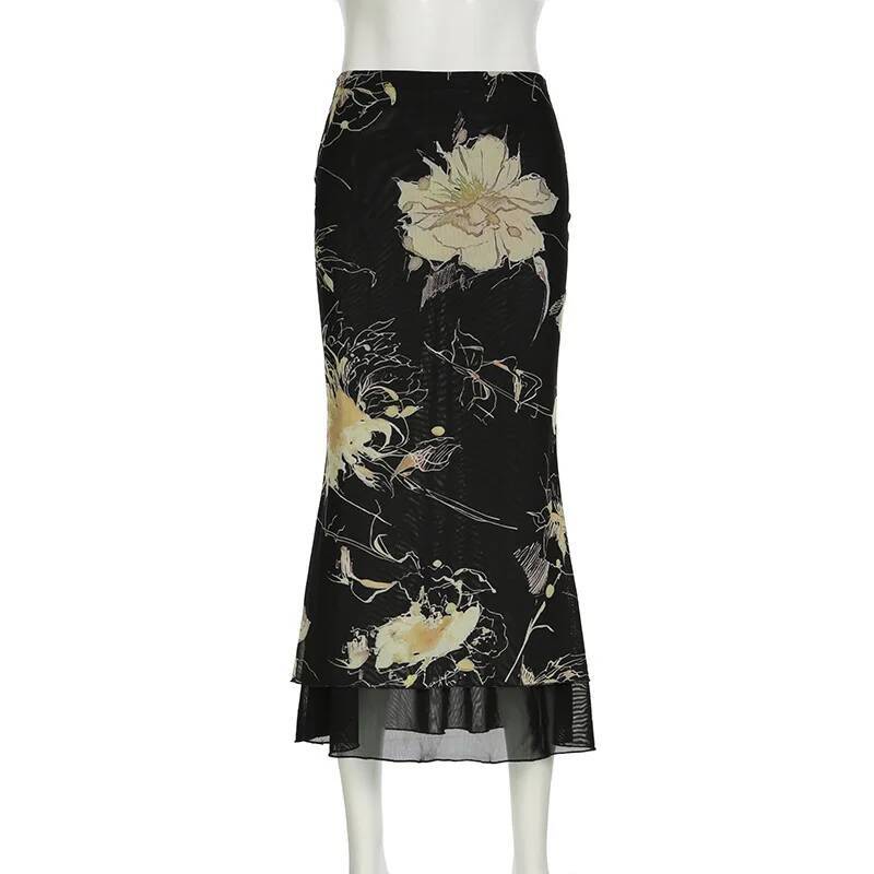 Goth Dark Y2K Aestheics Double Layer Mesh A-line Skirt Women Fashion Florals Print Slim Skirts Fairy Streetwear Gothic Bottoms dongdumaoyi