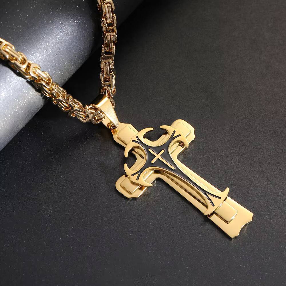 Mens Trendy ThreeLayer Cross Pendant Necklace Domineering Pattern Long Link Chain Stainless Steel Titanium Steel Material