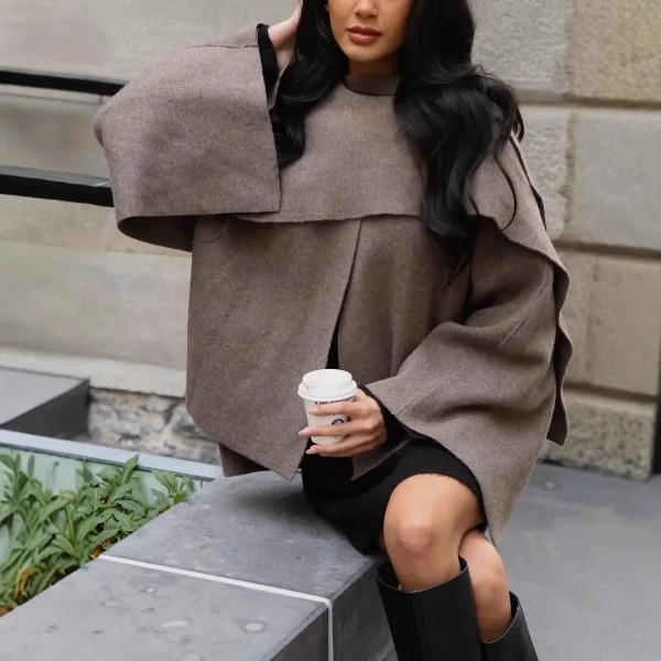 Lazy Style Scarf Cloak Short Knitted Sweater Coat Long Sleeve Crew Neck Women's Winter Fashion Outerwear from Elevated