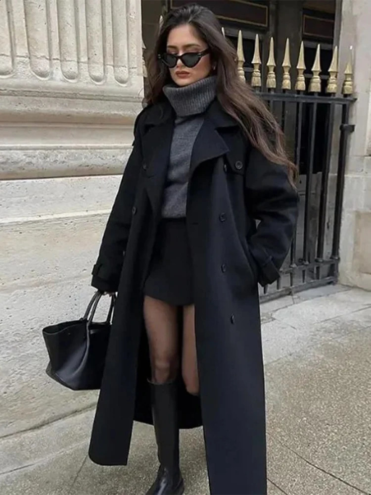 Belts Double Breasted Womens OverCoat Elegant Laple Pocket Full Sleeve Female Coat Autumn Winter Fashion Lady Outwears 250911