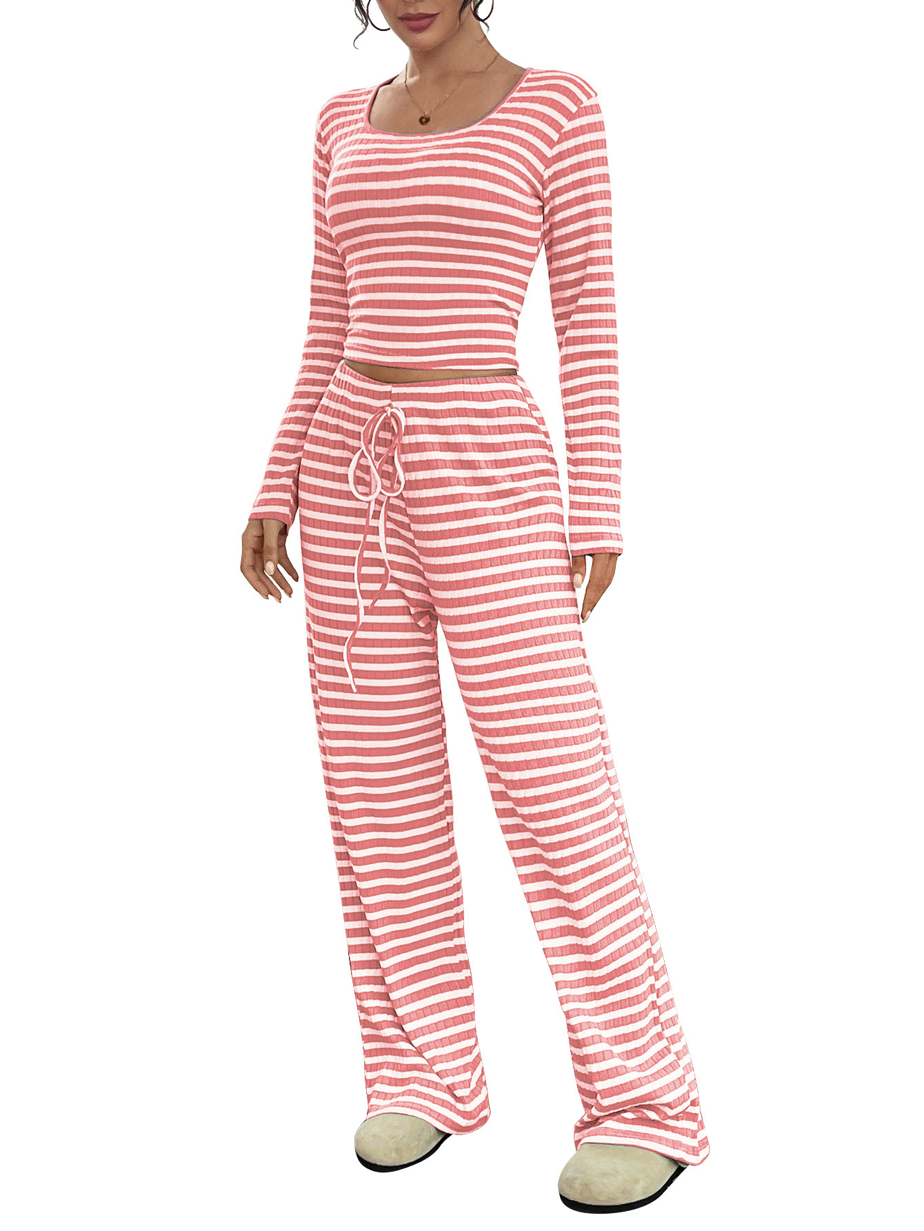 2025 Autumn New Women's S-striped Square Women's Long sleeved Top Collar Long sleeved Drawstring Pants Set Autumn/Winter New Designer Knitte