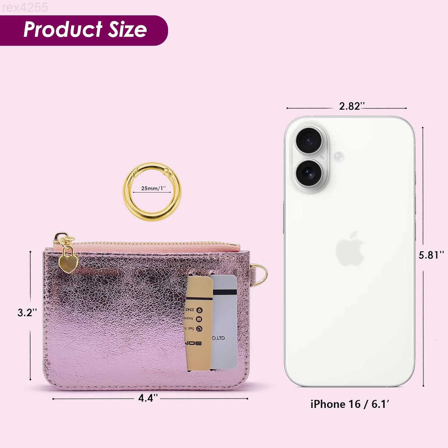 Key Chain Wallet Women Credit Card Holder for Women with Metal Key Chain Ring for Car KeysLadies Mini Purse with ID Window and Zipper Pocket Rose Pink