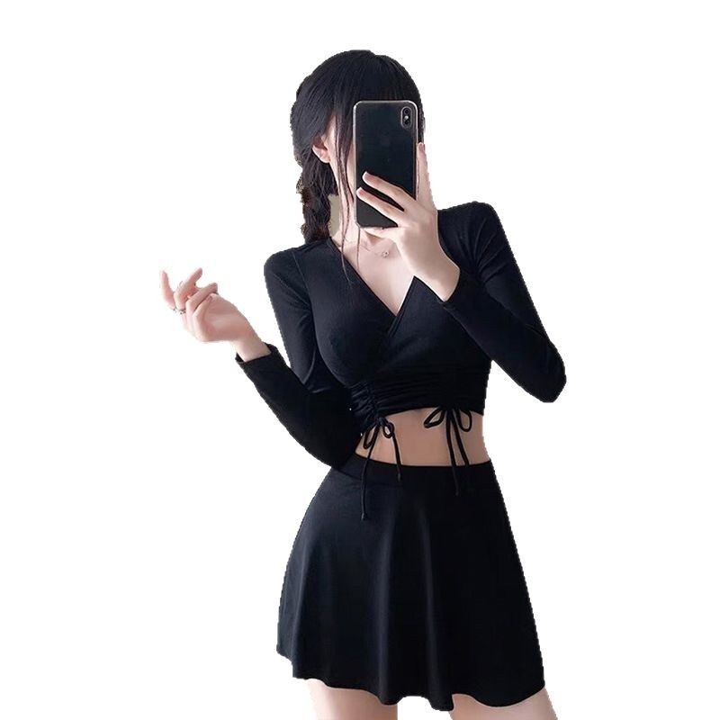 Two-Piece Swimsuit for Women, Solid Color Skirt Style, Fairy-Like, Slimming, Tummy-Covering, Long-Sleeve, Sun-Protective, Sports, with Boyshorts