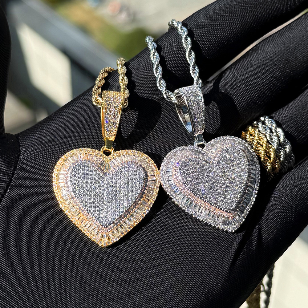 Hip Hop Lover Heart Pendant Necklace Bling 5A Zircons Gold Plated Couple Wedding Jewelry