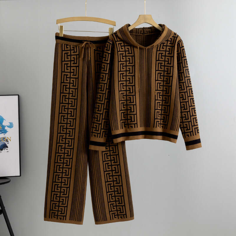 Knitted Suit For Women, Autumn And Winter, Elegant Hooded Sweater, Slimming Wide-Leg Pants, Two-Piece Set, Trendy