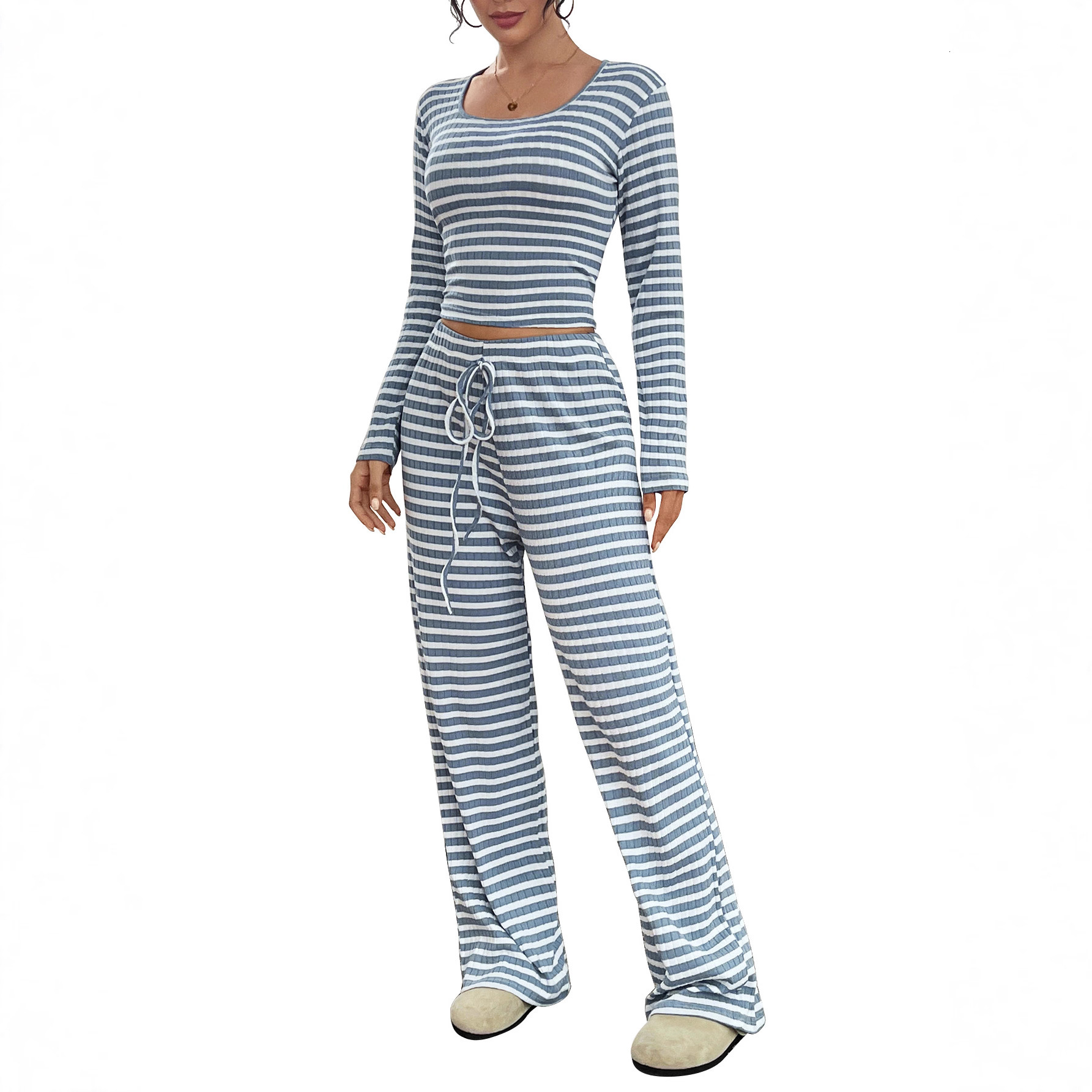 2025 Autumn New Women's S-striped Square Women's Long sleeved Top Collar Long sleeved Drawstring Pants Set Autumn/Winter New Designer Knitte