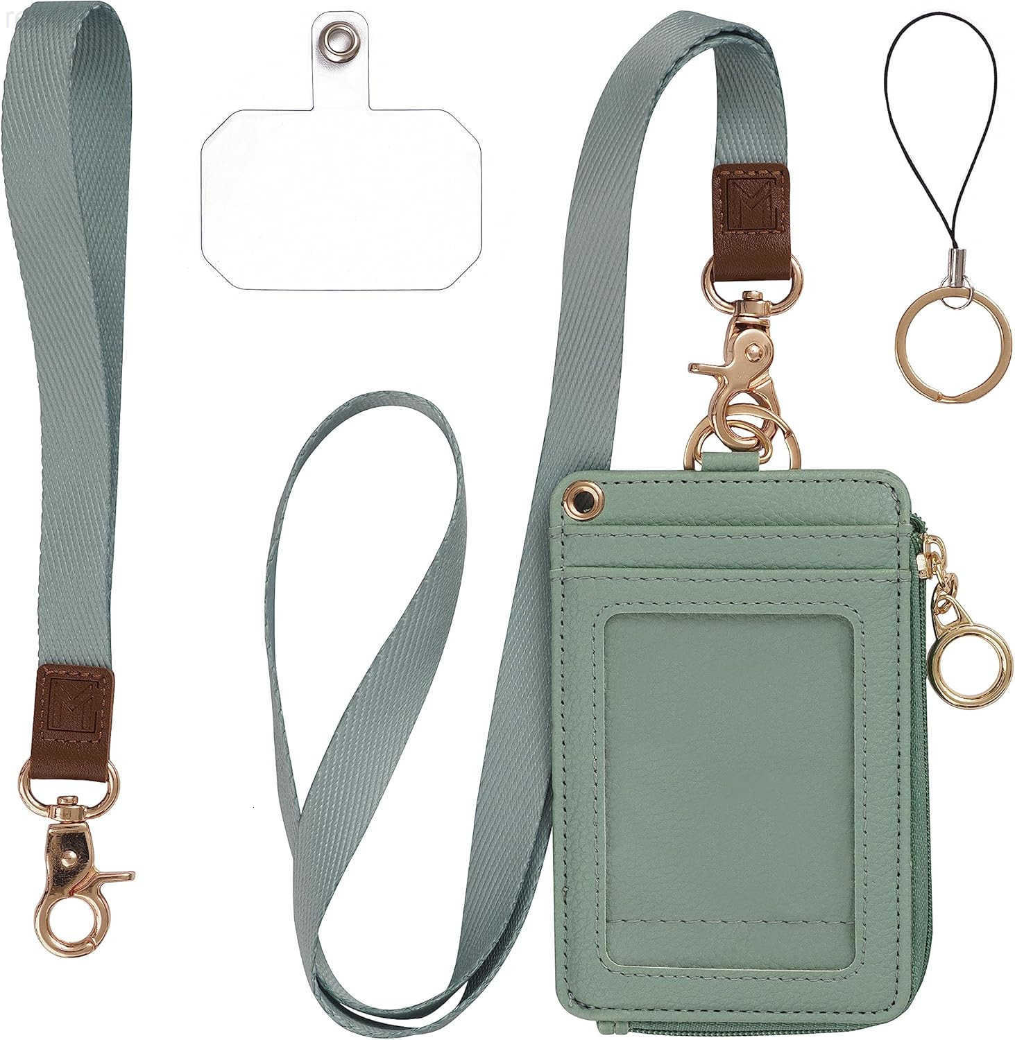 2in1 ID Badge Holder Lanyard Wallet MultiUse Womens Small Wallet with Removable Wristlet Neck Lanyard Clear Window 5 Card Slots Phone Holder Ring Keyc