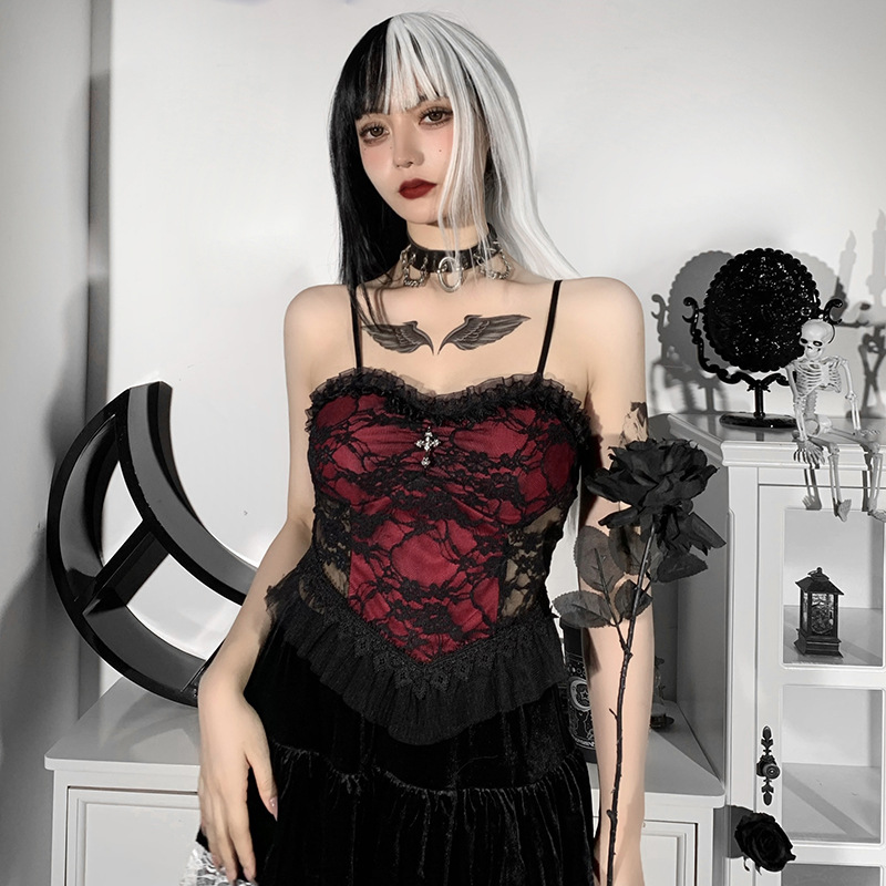 Stage Wear New European and American Halloween Style - Lace Mesh Camisole Women's Unique Cross Tank Top