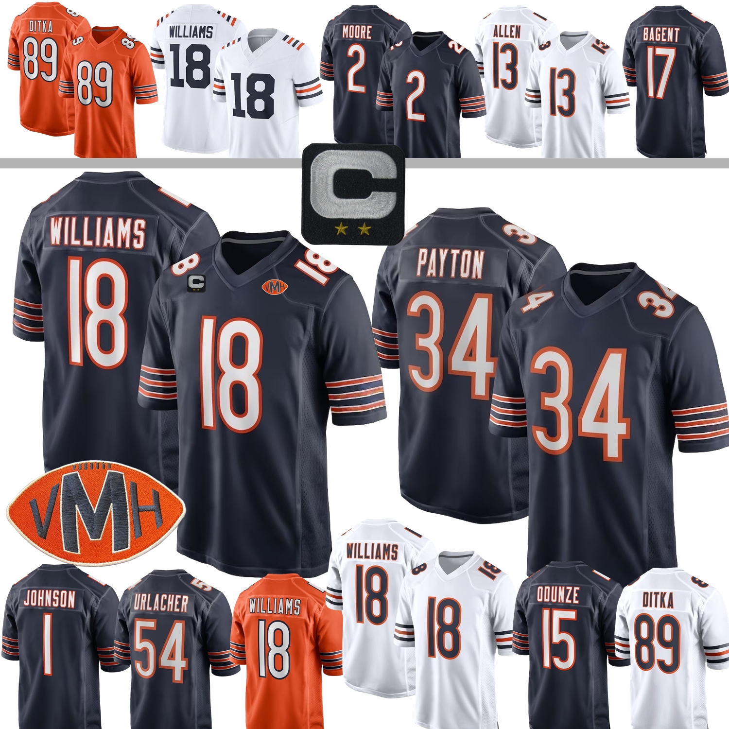 Custom Football Jersey Caleb Williams D.J. Moore Walter Payton Rome Odunze Cole Kmet D'Andre Swift Burden III Loveland Edmunds Edwards Duvernay Homer Byard Women Youth