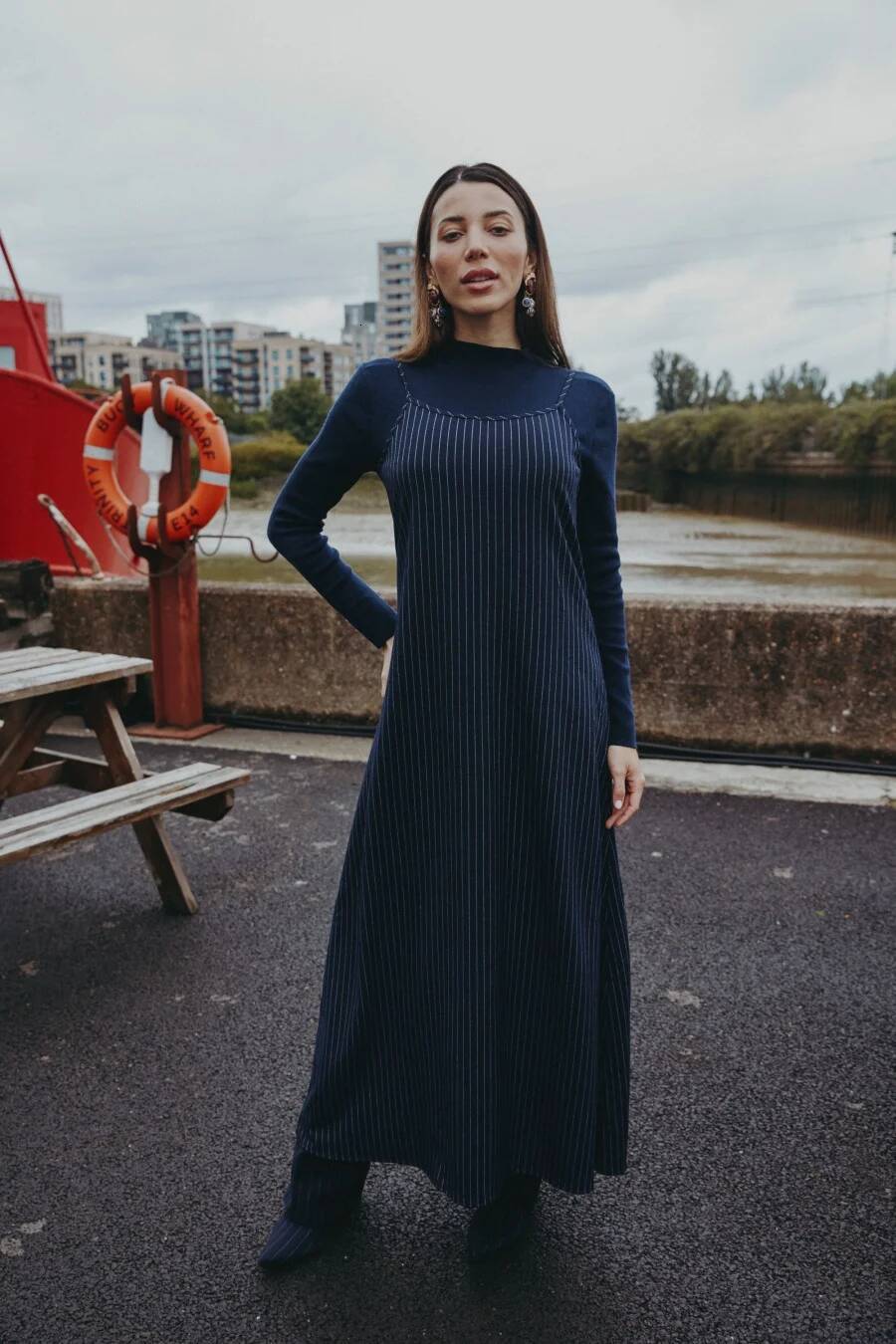 AS AW25 pinstripe collection slip dress knit mockneck top embroidery cableknit + stripe pleat skirt dongdumaoyi