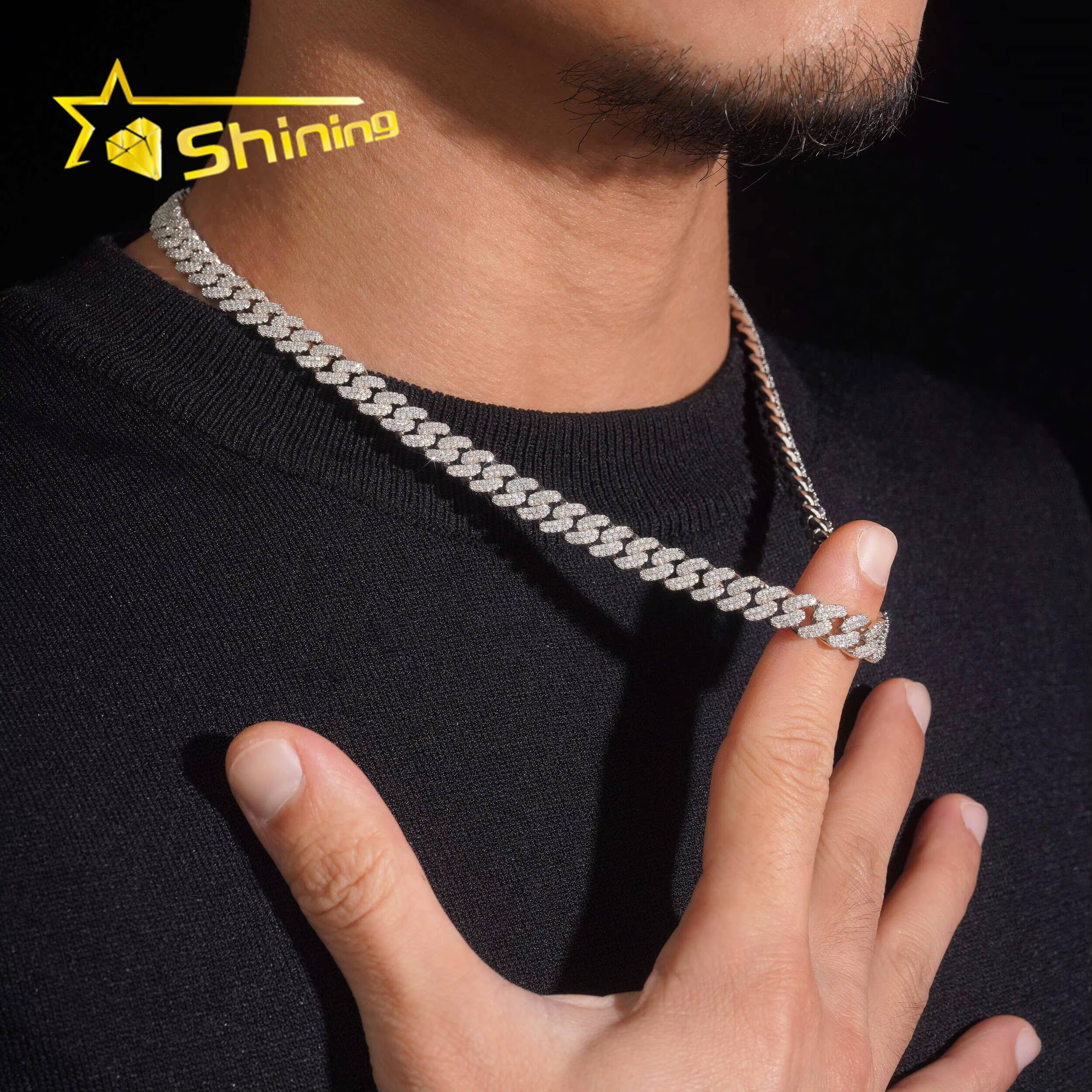 Pass Diamond Tester Hip Hop Jewelry 8mm 2 Rows Solid 925 Sterling Silver Iced Out VVS Moissanite Cuban Link Chain Men Necklace