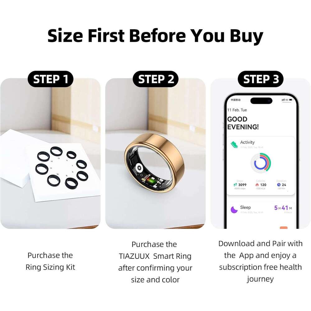 TIAZUUX Smart Ring for Women&Men-Activity/Sleep/Heart Rate/HRV/Stress/Women's Health Tracker-IP68 Waterproof/Wearable-No Subscription Fee Require