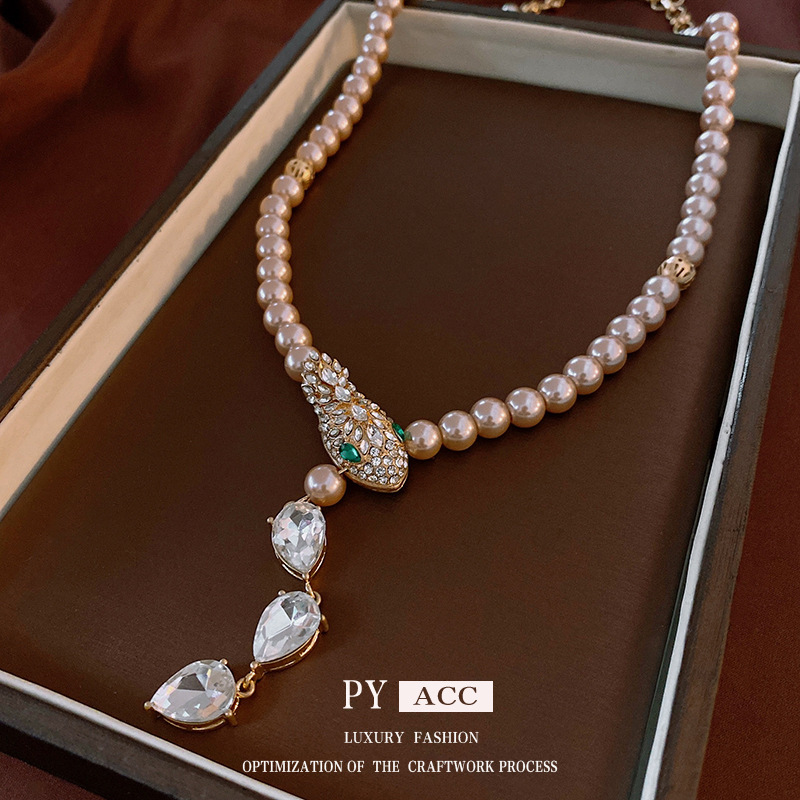Luxury Brand Designer Jewelry Cross-Level Inlaid Diamond Snake-Shaped Pearl Necklace Earrings Vintage Light Luxury Sweater Chain Retro Niche High-End 