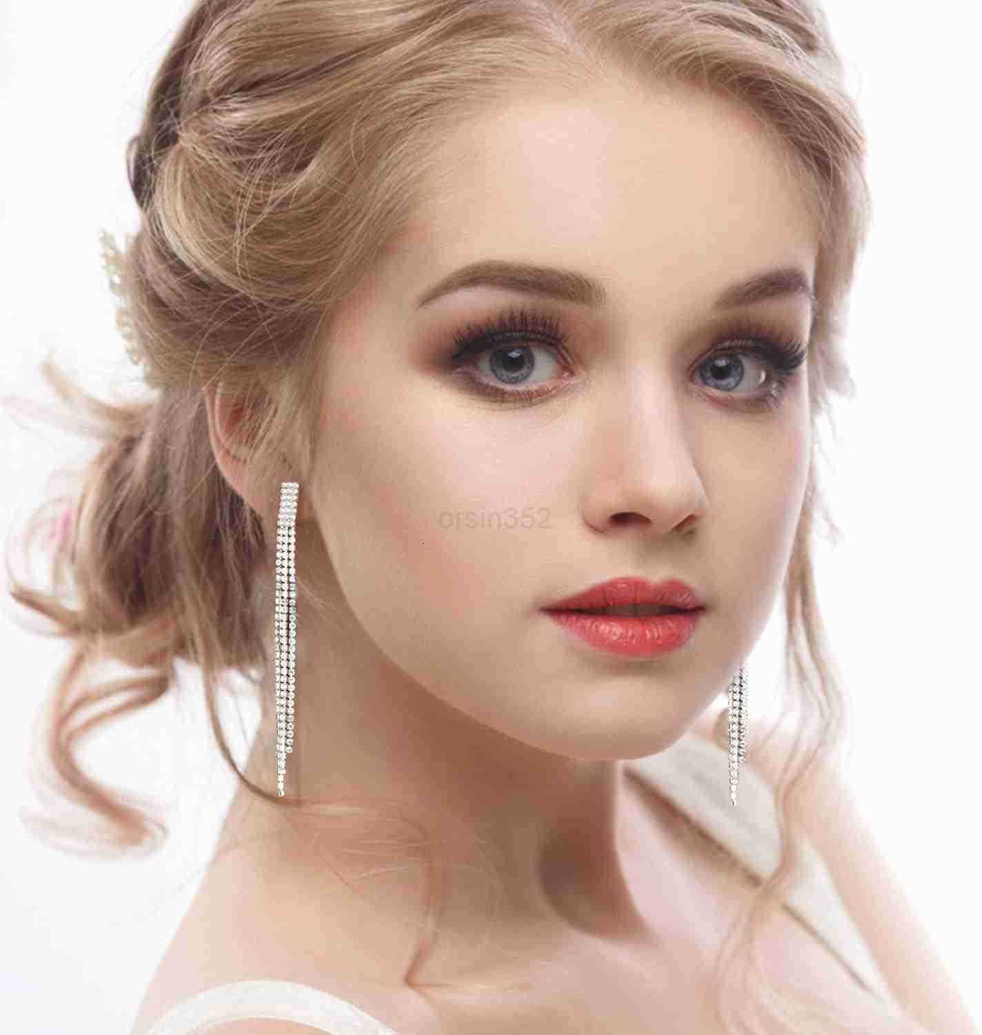 4 Pairs Silver Clip on Earrings for Women Sparkly Rhinestone Tassel Chandelier Teardrop Dangle Earrings for Brides Bridesmaids Non Pierced Prom Jewelr