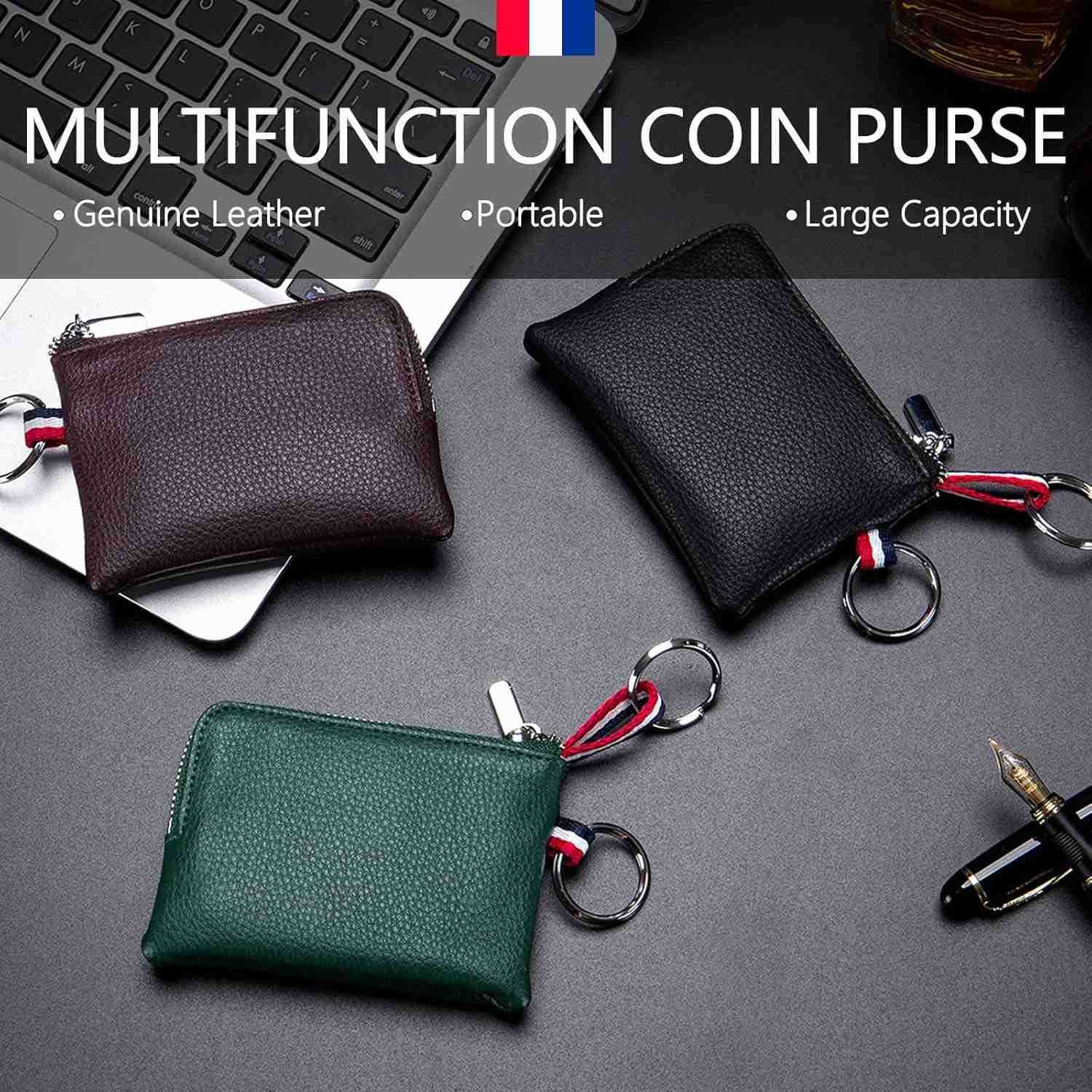 Leather Coin Purse Wallet Mini Dual Keyrings Change Pouch Card Holder for Men Women Black standardW250911