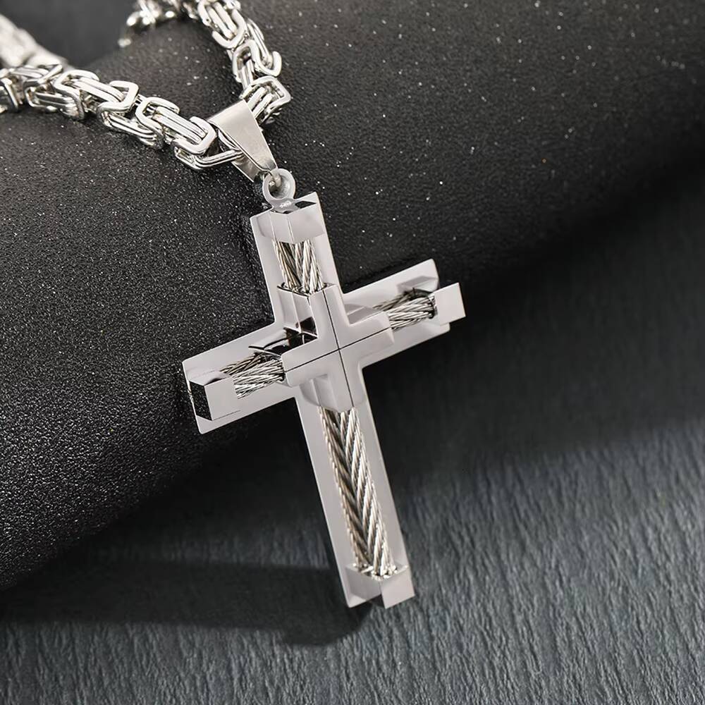 Mens New Fashion Geometric Titanium Steel Dominant Agate Stone Cross Pendant Necklace Stylish Stainless Steel Anniversary Gift