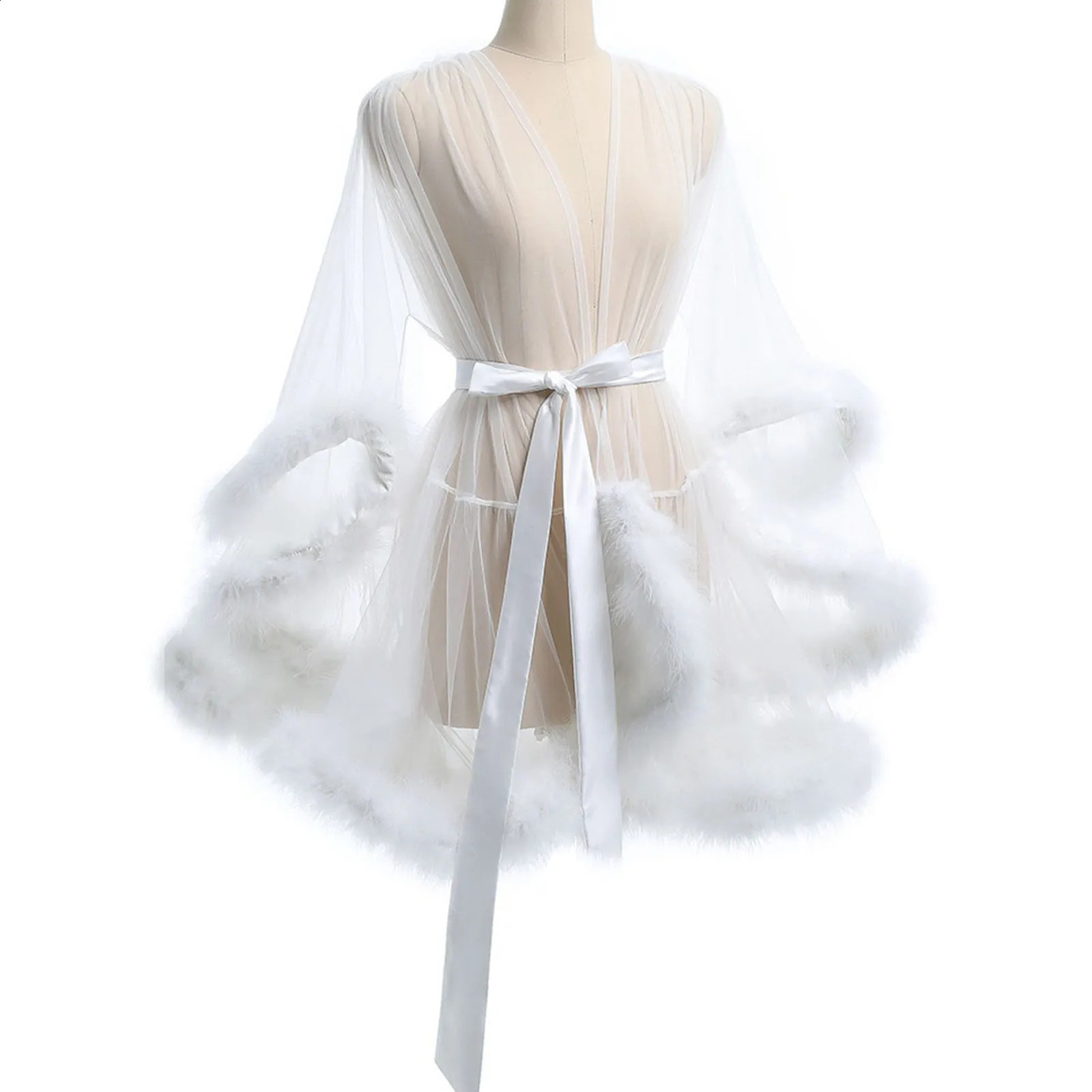 Women s Feather Bathrobe Sleeves Sleepwear Bridal Robe Long Wedding Party Dressing Gown Pregnancy Poshoot Dress 250911