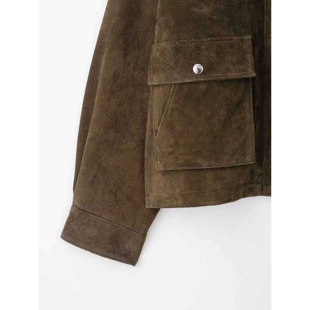 2025 Spring Autumn Vintage High Street Topsfashion Loose Khaki Suede Jacket Women Lapel Zipper Long Sleeve Pockets Coat Female