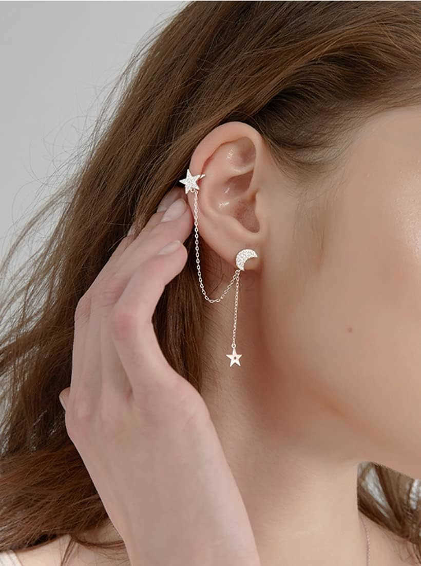 925 Sterling Silver Cuff Earrings Chain for Women Asymmetric Star Moon Earrings Crawler Dangling ChainW250911