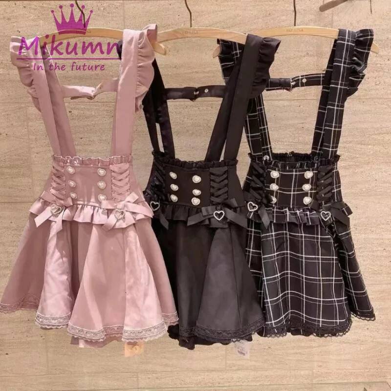 Mikumn Gothic Lolita Retro Bow Pearl Buckle Ruffles Suspender Y2k Japanese Girls Sweet Kawaii Lace A-Line Mini Skirts dongdumaoyi