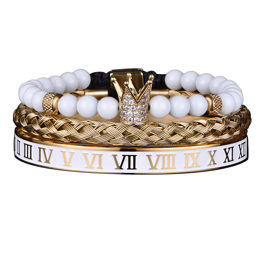 White Bead Crown Bracelet 3 Piece Set Dripping Enamel Stainless Steel Roman Numeral Bracelet for Men