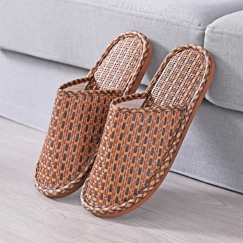 Bamboo Weaving Home Linen Slippers Summer Cooling Woven Rattan Sandals Indoor Nonslip Slides Unisex Bedroom Shoes Zapatillas250906