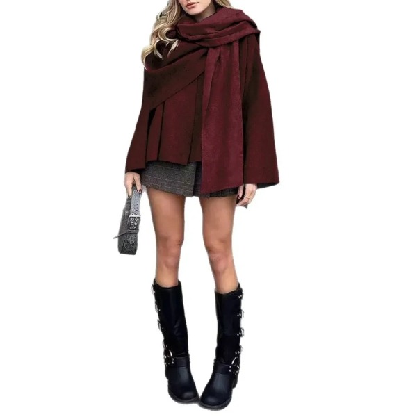 Lazy Style Scarf Cloak Short Knitted Sweater Coat Long Sleeve Crew Neck Women's Winter Fashion Outerwear from Elevated
