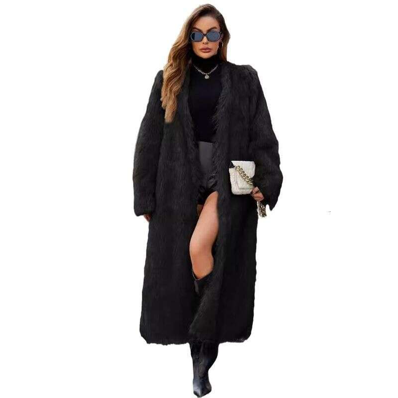 Women's Clothing Fashion V Neck Long Fur Female Autumn And Winter New Plush Warm Coat